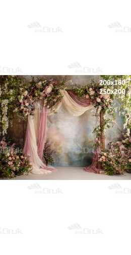 Tło fotograficzne „Romantyczna altana kwiatowa z tiulowymi draperiami” | E803